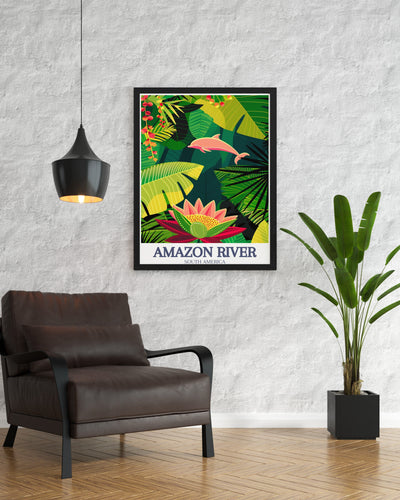 Amazon River Art - Victoria Regia water lily and Amazon river dolphin Home Decor - Brazil Living Room Decor