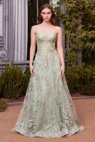 Sage Green Strapless Floral Embroidered A-Line Gown – Elegant Prom & Garden Formal Dress