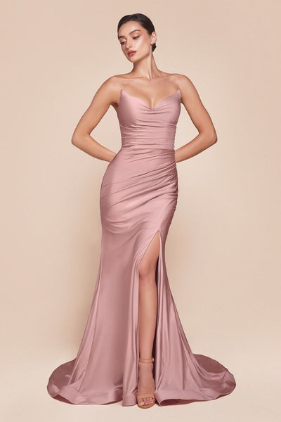 STRAPLESS STRETCH SATIN FITTED GOWN CDCD791