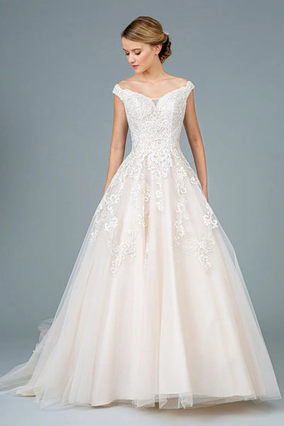 Wedding dresses/ivory cream embroidery embellished mesh a line wedding gown with tail GLGL1800