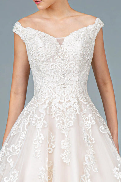 Wedding dresses/ivory cream embroidery embellished mesh a line wedding gown with tail GLGL1800