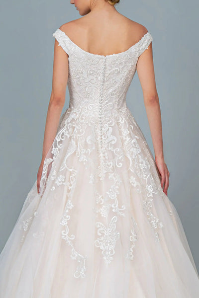 Wedding dresses/ivory cream embroidery embellished mesh a line wedding gown with tail GLGL1800