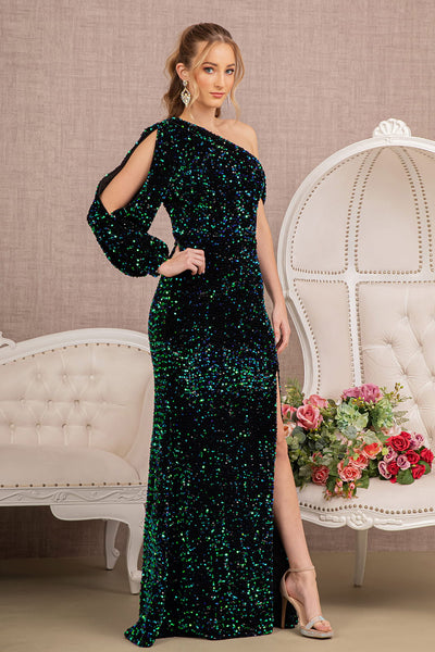 Sequin Asymmetric Velvet Festive Mermaid Gown w/ One Long Puff Sleeve  GLGL3159