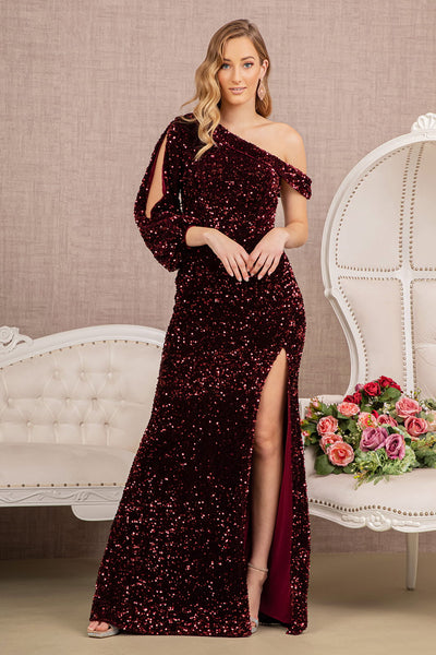 Sequin Asymmetric Velvet Festive Mermaid Gown w/ One Long Puff Sleeve  GLGL3159